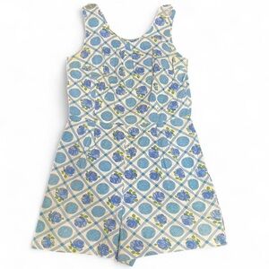 Vintage 70’s Women’s Blue and White Floral Romper